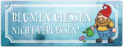 Produktbild von Blumen gießen nicht vergessen Metallschild mit lustigem Gartenzwerg