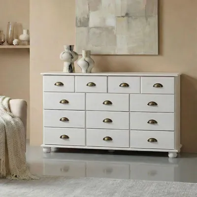 Produktbild von Schubladenschrank Sideboard COLMAR, Schubladenkommode Anrichte mit 11 Schubladen, Kiefer massiv, weiß lackiert