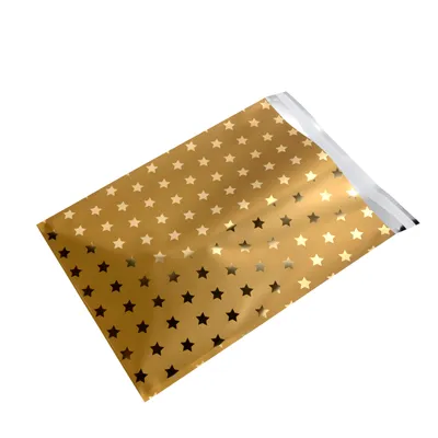 Zdjęcie produktu dla Torebka prezentowa z gwiazdkami, folia metalowa o wysokim połysku, bardzo gruba, GOLD/GOLD, rozmiar 25x33,5+3cm, 50 szt.