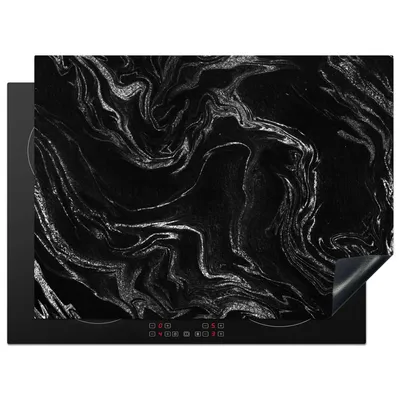 Produktbild von KitchenYeah© Herdabdeckplatte Marmor - Schwarz - Silber , 71x52cm, Küche Deko, Glaskeramikkochfeld Herdabdeckung, Abdeckplatte fùr Kochfeld