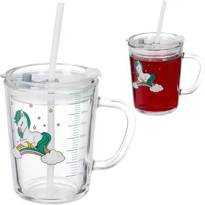 Produktbild von Set mit 2 Trinkgläsern – Einhorn-Design – Kindergläser – Mit Henkel – Mit Strohhalm und Deckel – 400 ml – Transparent