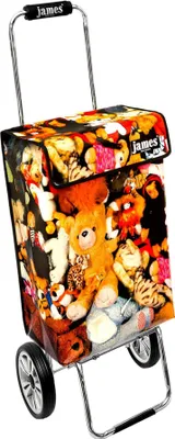 A shopping trolley with a colorful teddy bear print.