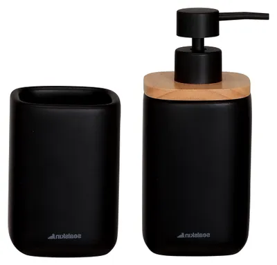 Produktbild von Badaccessoire-Set Mind, bestehend aus Seifenspender 200 ml und Zahnputzbecher, Zement mit Holzelementen, Farbe: Schwarz