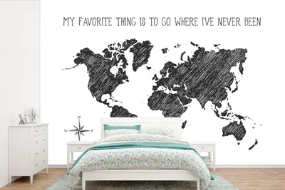 Produktbild von MuchoWow® Fototapete für Wohnzimmer oder Schlafzimmer Wandtapete Vinyl Motivtapete Weltkarte - Schwarz - Weiß - Zitat - 525x350 cm - Das Hintergrundbild