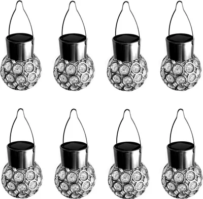 Produktbild von 8er Set Solar Kugel Hängeleuchte | Solar Lampe Kugelleuchte Edelstahl | Gartenleuchte Solarlampe Hängekugel Gartenbeleuchtung