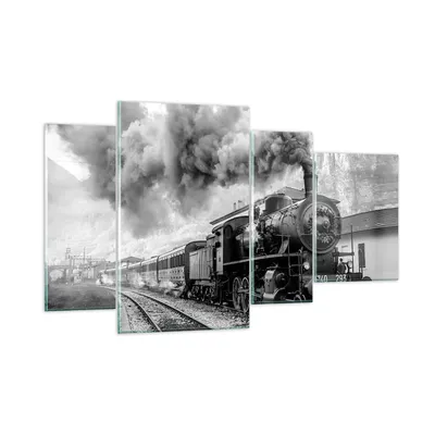 Produktbild von Bilder auf glas - 4 Teile - Zug Schwarzweiß Rauch - 120x70cm - Glasbilder - Wandbilder - Bilder - zum Aufhängen bereit - Wanddekoration aus Glas - Glas Bilder - Wandbild auf Glas - GDL120x70-4315