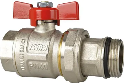 Produktbild von Messing-Winkel-Kugelhahn m. Flügelgriff mit Überwurfverschraubung 3/4" IG/AG Rot