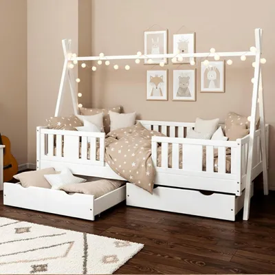 Produktbild von MEBLE WRÓBEL Kinderbett Tipi 90x180 cm - Hausbett aus Kiefer mit 2 Schubladen - Bett mit Rausfallschutz & Lattenrost - für Jungen und Mädchen - Weiß Spielbett für Kinder