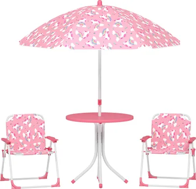 Image de AIYAPLAY Ensemble de sièges pour enfants avec parasol Réglable en hauteur Ensemble de sièges pour enfants Table pour enfants avec 2 chaises pliantes Ensemble de sièges Ensemble de sièges pour enfants Mobilier de jardin d'extérieur pour le jardin et la plage, rose