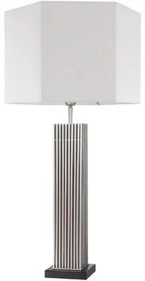 Produktbild von Casa Padrino Luxus Tischleuchte Silber / Schwarz / Weiß 46 x 46 x H. 87 cm - Moderne Schreibtischleuchte mit sechseckigem Lampenschirm - Luxus Qualität