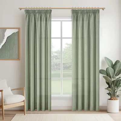 Produktbild von Vorhänge mit Faltenband – Leinenoptik – Halbdurchsichtig – Salbeigrün – Für das Wohnzimmer – Set aus 2 Stück – Vorhänge – Schlafzimmer – 225 cm lang