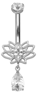 Produktbild von Bauchnabelpiercing Titan Bananabell mit Innengewinde LOTUSBLÜTE + KRISTALLTROPFEN