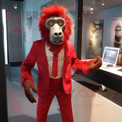 Produktbild von Roter REDBROKOLY Pavian Maskottchen Kostüm charakter bekleidet mit Anzug und Krawattennadeln