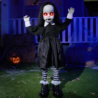 Produktbild von JOYIN Gruselige Halloween-Dekorationen für den Außenbereich, 86,4 cm, schwarzes Zombie-Mädchen, Geist, Animatronik-Dekor mit geräuschaktiviertem Sensor, leuchtende LED-Augen für Garten, Rasen, Hof