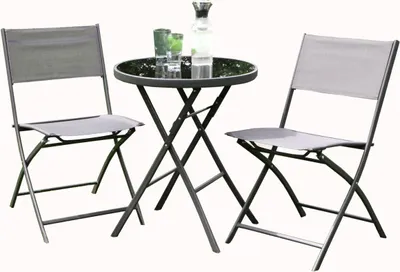 Bistro Set 3tlg. Klapptisch mit Glasplatte und 2 Klappstühlen Textil-Bespannung