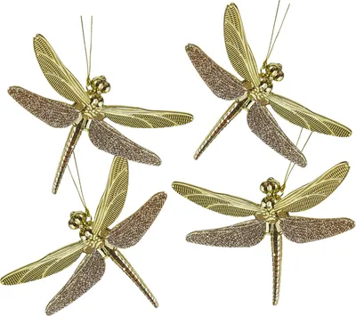 Libellen mit Glitzer - Weihnachtsbaumschmuck - Kunststoff - L: 14cm - gold glänzend - 4er Set