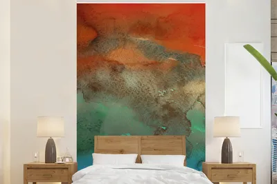 Produktbild von MuchoWow® Fototapete für Wohnzimmer oder Schlafzimmer Wandtapete Vinyl Motivtapete Wasserfarben - Orange - Blau - Grün - 195x300 cm - Das Hintergrundbild
