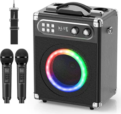 Produktbild von Karaokeanlage - Karaokesystem - Tragbarer Bluetooth-Lautsprecher - 20 cm Woofer - 2 kabellose Mikrofone - LED-Beleuchtung