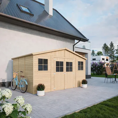 A wooden garden shed is shown in a backyard setting next to a house, with a bicycle and potted plants.