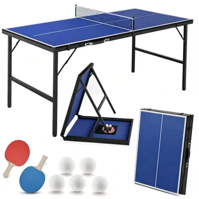Produktbild von UISEBRT Mini Tischtennisplatte faltbar blau, Tischtennistisch Komplettset mit Netz Schläger Bälle Tasche für Zuhause Büro Terrasse Indoor Outdoor