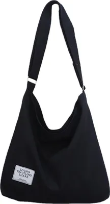 Obrázek produktu pro Černá 36cm plátěná taška, plátěná taška přes rameno Dámy Shopper Dámy rameno kabelka Dámy plátno Shopper Hobo Bag pro školní cestování