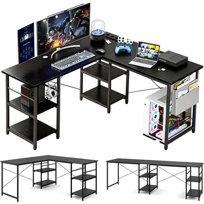 Produktbild von ZELURXX Schwarzer L-förmiger Schreibtisch 240 x 140 cm, 180 kg, Kabelmanagement
