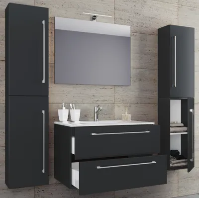 Produktbild von VCM 5-tlg. Waschplatz Waschtisch | Waschbecken Unterschrank Breite 60 cm | Badmöbel Set mit Schubladen Drehtüren Spiegel | Badinos