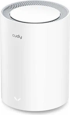 A white cylindrical wireless router is shown from a three-quarter angle against a white background.