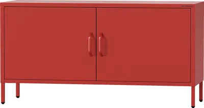 A red metal cabinet with two doors and four legs, shown against a white background.