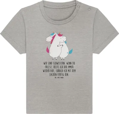 Produktbild von Mr. & Mrs. Panda  T-Shirt Einhörner Umarmen 0. - 6. Monat - Heather Grey - Geschenk, Schwestern, Familie, Baby Baumwollshirt, Shirt, Unicorn, Freundin, Einhorn, Liebe