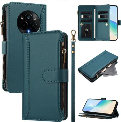 Image de Étui pour Realme 14 Pro, zippé, portefeuille Étui à rabat en cuirPolyuréthaneavec poches pour cartes, support et boucle pour les mains vert