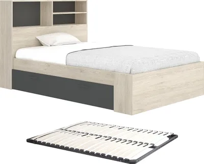 Produktbild von Bett 120 x 190 cm mit Stauraum - Natur & Anthrazit + Lattenrost - VARDIEL