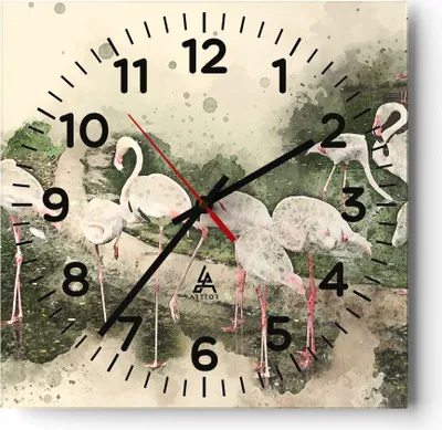 Produktbild von Wanduhr - Quadrat - Glasuhr - Flamingo Vogel Wasser - 40x40cm - Schleichendes Uhrwerk - Lautlos - zum Aufhängen bereit - Dekoration Modern - Wanddekoration aus Glas - C4AC40x40-3462