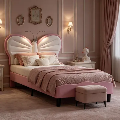 Produktbild von INONEFT Kinderbett Polsterbett 90x200cm mit Leselampe, Einzelbett mit verstellbarem Kopfteil und Lattenrost, Jugendbett für Jungen & Mädchen,Samt,Rosa