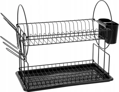 A black two-tier dish drying rack with a utensil holder.