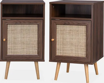 Two identical brown bedside tables with cane-woven doors and wooden legs, displayed side-by-side against a white background.