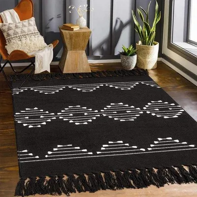 Produktbild von Famanu Teppich Schwarz-Weiß 150 x 200 cm - Waschbares Baumwollteppich mit Handgewebten Fransen