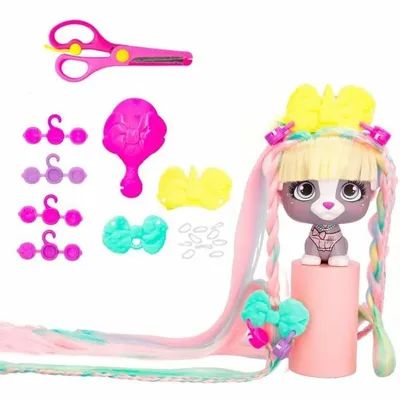 A toy doll with accessories for styling its hair, laid out on a white background.