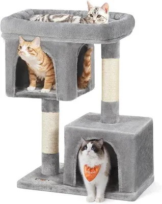 Immagine prodotto di Albero per gatti con tiragraffi in sisal e 2 grotte in peluche - Grigio chiaro