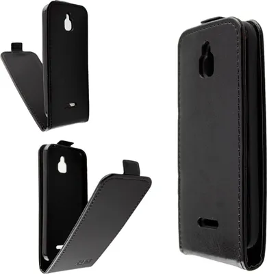 A black flip cover case for a smartphone is shown from multiple angles against a white background.