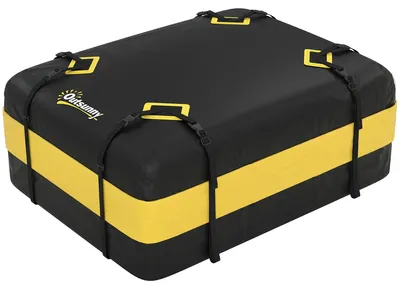 Image de Coffre de toit étanche pour voiture, 425 litres, avec 8 sangles de fixation | Couleur : Jaune | Dimensions : 86 x 112 x 43 cm