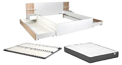 Produktbild von Bett mit Schubladen 160 x 200 cm – Mit 2 Nachttischen und Ablagen - Weiß und Natur + Lattenrost + Matratze – KLYRANA