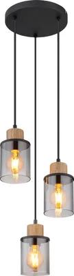 A three-light pendant chandelier with glass shades and wooden accents, suspended from a black ceiling mount.