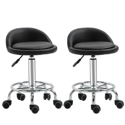 Produktbild von HOMCOM 2er-Set Rollhocker, 360° drehbarer Arbeitshocker – verstellbarer Sitz 47-62H cm, ergonomische Rückenlehne – Chromstahl, schwarze Synthetikbeschichtung