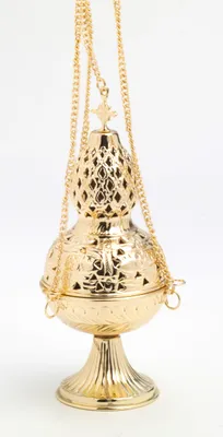 Produktbild von Weihrauchfass mit Kette zum Hängen aus Messing Gold poliert Höhe 26 cm mit Innenschale aus Stahl für die Räucherkohle