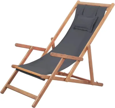 Produktbild von Faltbarer Strandstuhl aus grauem Holz, neigbar, leicht, mit 3 Positionen und bis zu 110 kg belastbar, für Garten, Terrasse und Camping