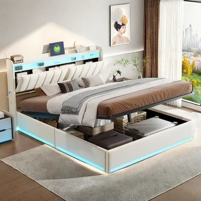 Obrázok produktu pre Čalúnená posteľ ProximaX 140 × 200 cm v béžovej farbe - zamatový poťah, LED čelo, USB port na nabíjanie a polička - úložný priestor pod posteľou, moderné a praktické