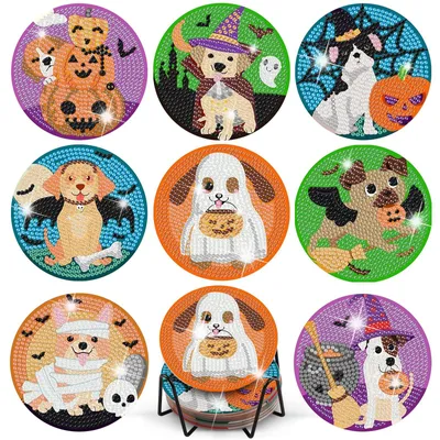 Obrázok produktu pre Omgoods - Sady na tvorbu obrazov technikou "diamond painting" na motívy Halloween, vhodné ako podložky pod nápoje - sada 8 kusov, vhodné na vlastnú tvorbu