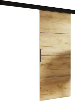 A sliding door with a wood-like finish is shown against a white background.