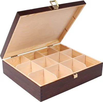 Produktbild von Unyqoos® Holz-Teebox 12 Fächer – lackierte Teekiste mit Deckel, Kiefernholz & Multiplex, 29 x 25 x 7,5 cm, Fachgröße ca. 7 x 5 cm